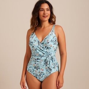 NWT Nip Tuck Swim Aqua Floral Wrap One-Piece Swimsuit 8